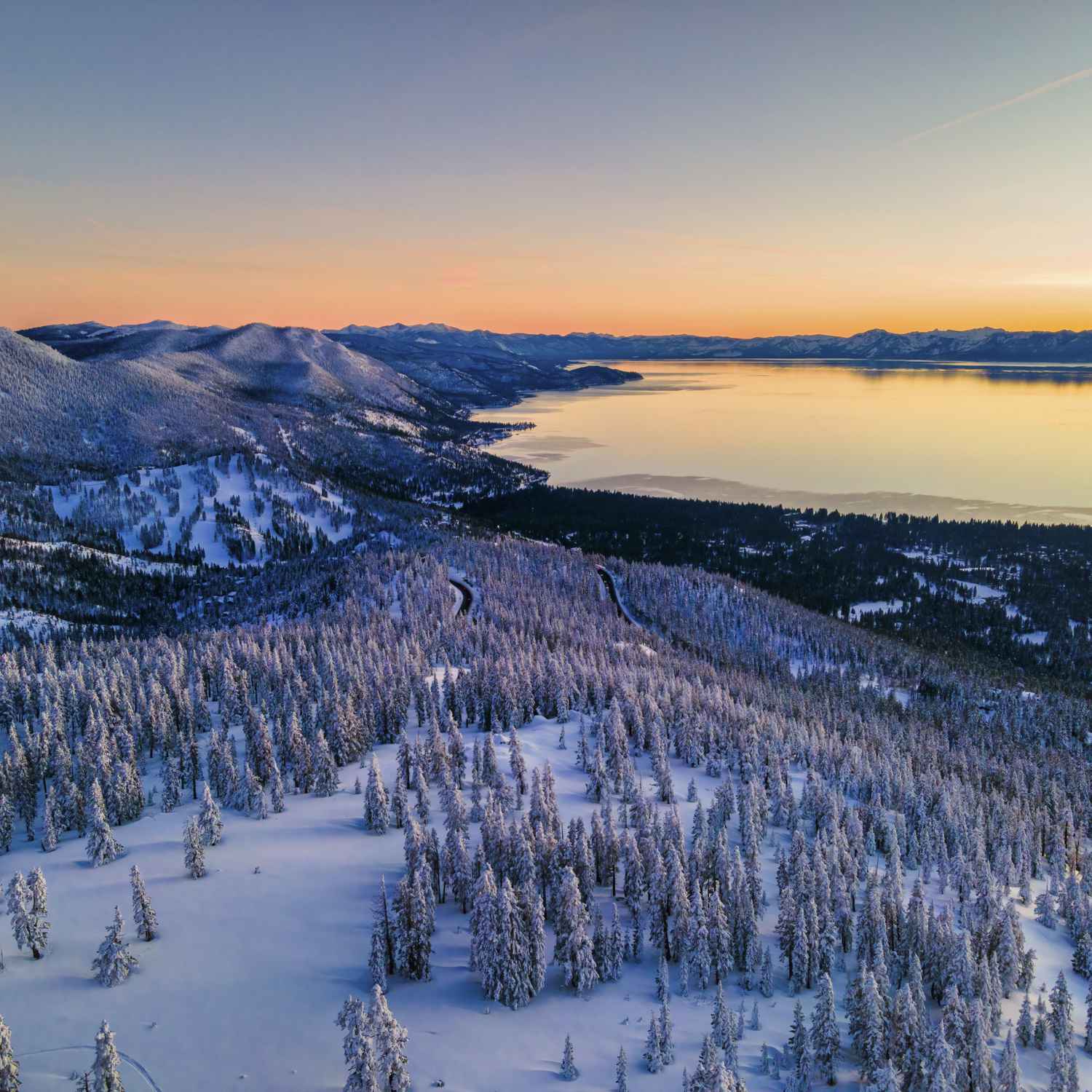 Aerial view of Lake Tahoe in Winter