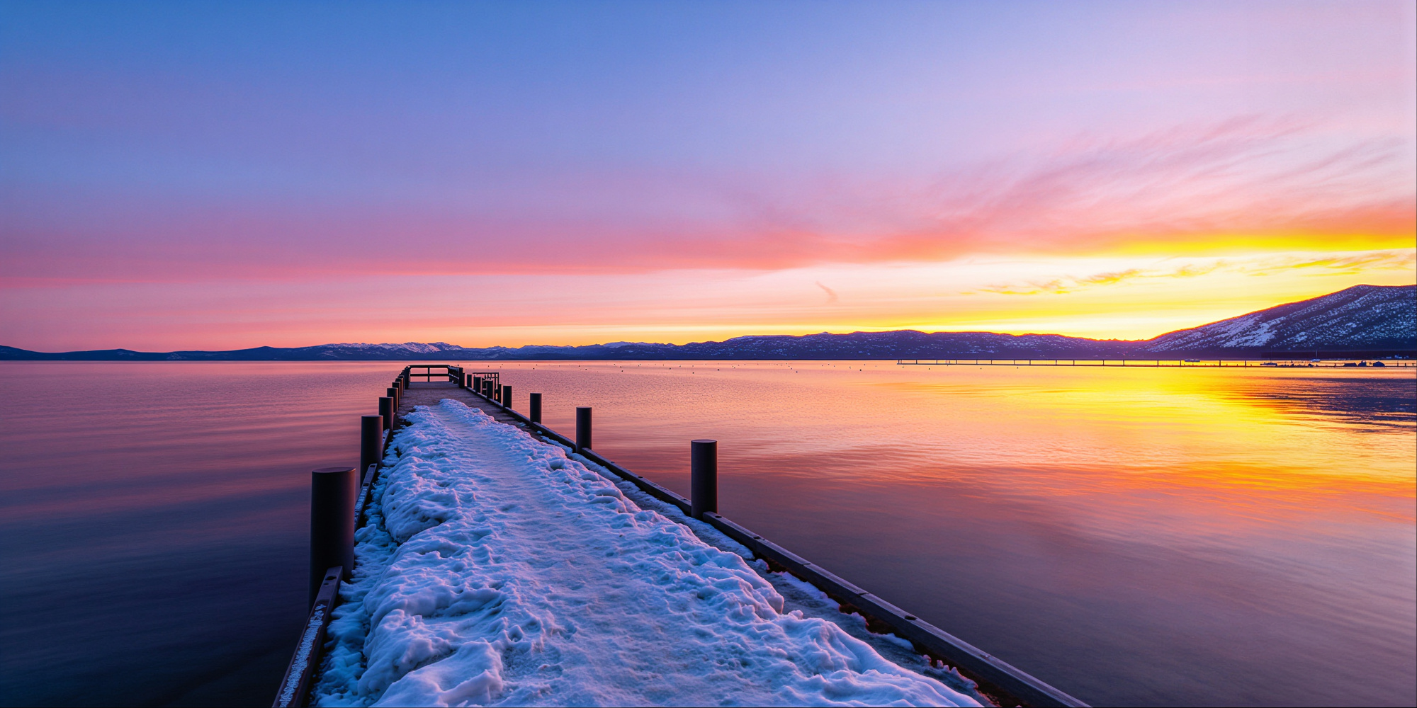 A snow-covered dock reaching into Lake Tahoe at sunset.