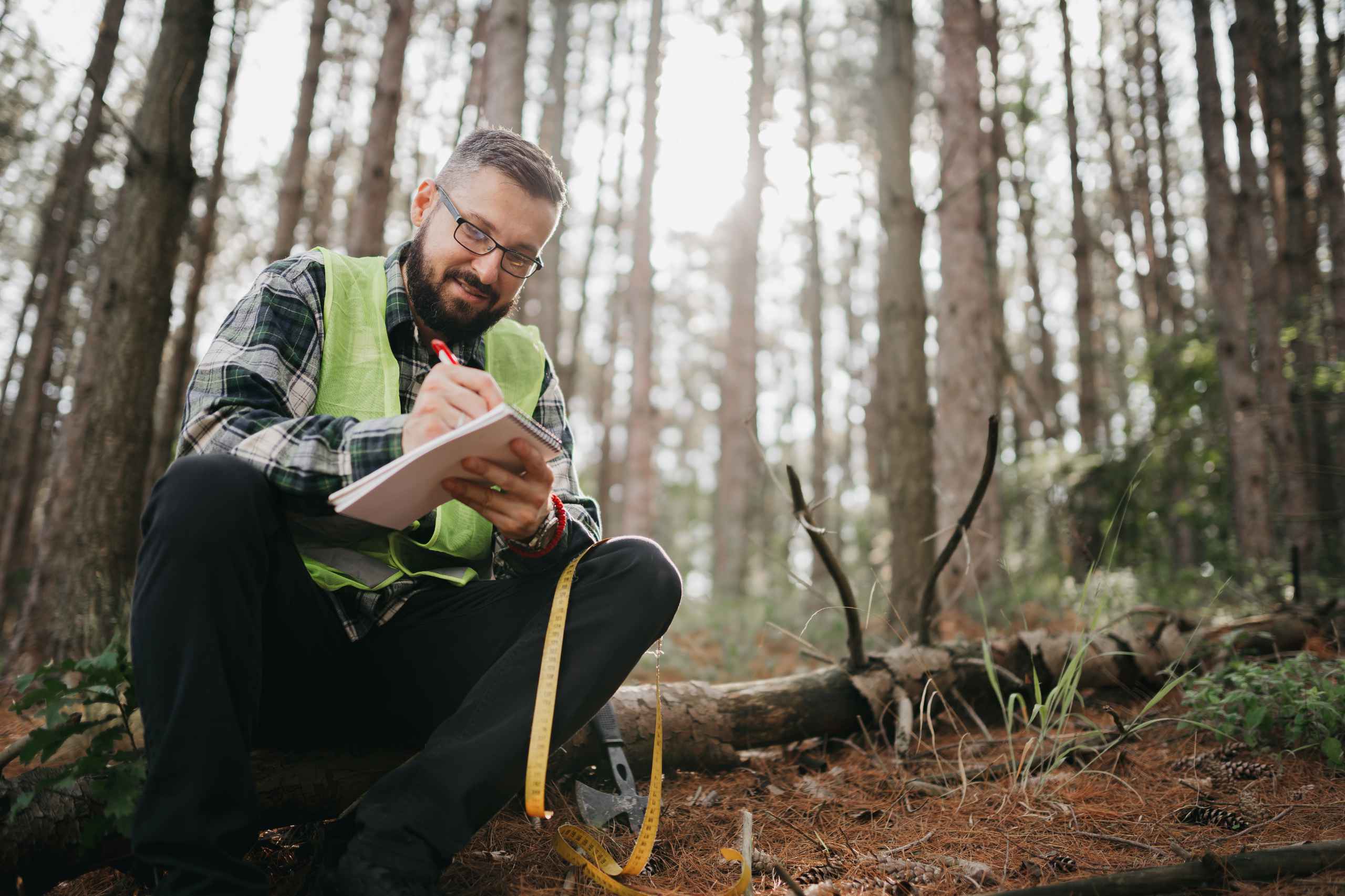 A worker recording data in a forest.