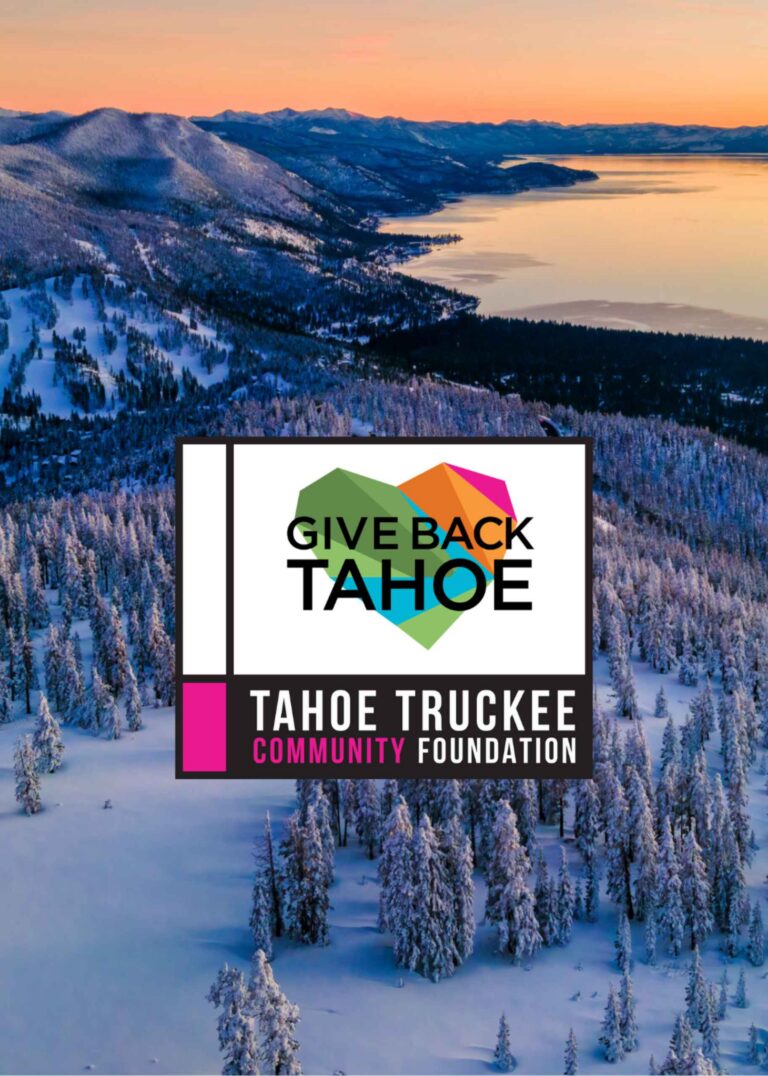 Give Back Tahoe logo over an aerial view of Lake Tahoe in the winter.